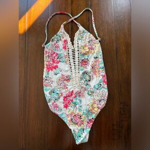 Billabong One Piece Floral Cross Strap Open Back Bathing Suit